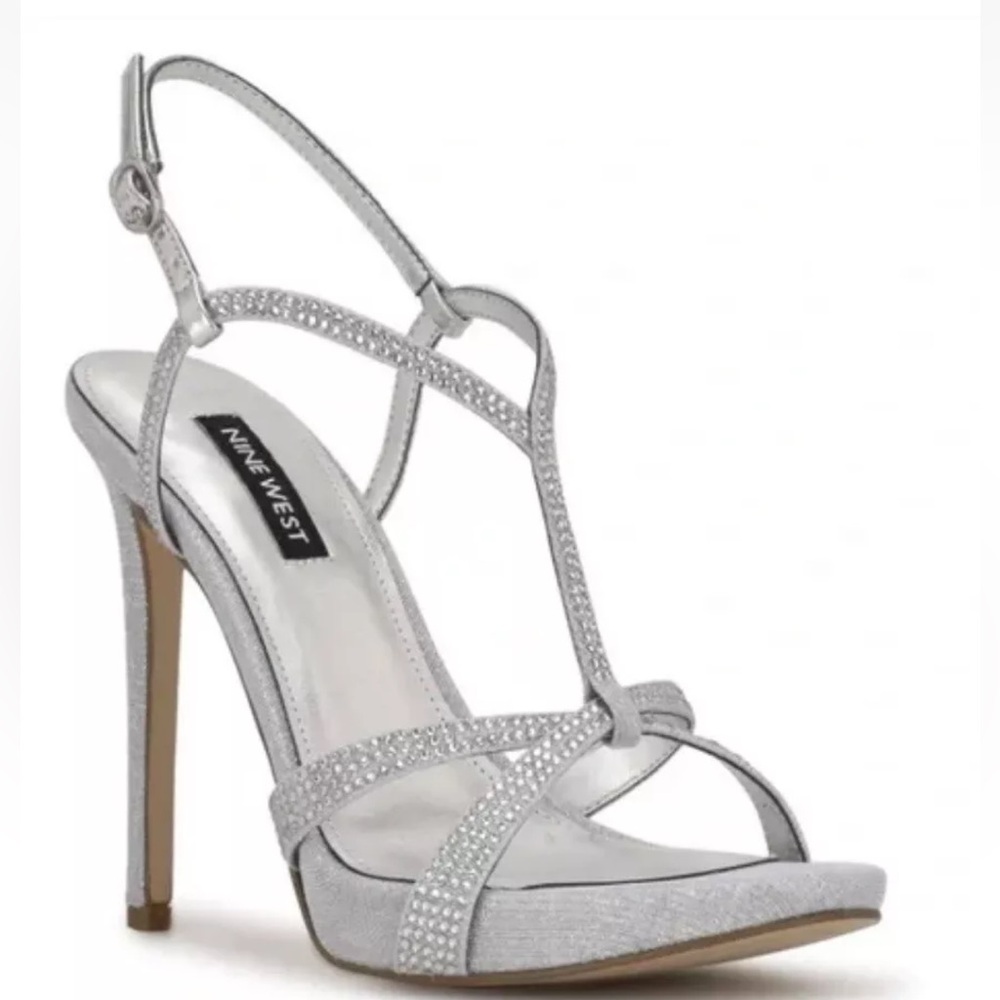 New in box NWT Nine West silver sparkly heels stiletto sandal formal shoes 7.5